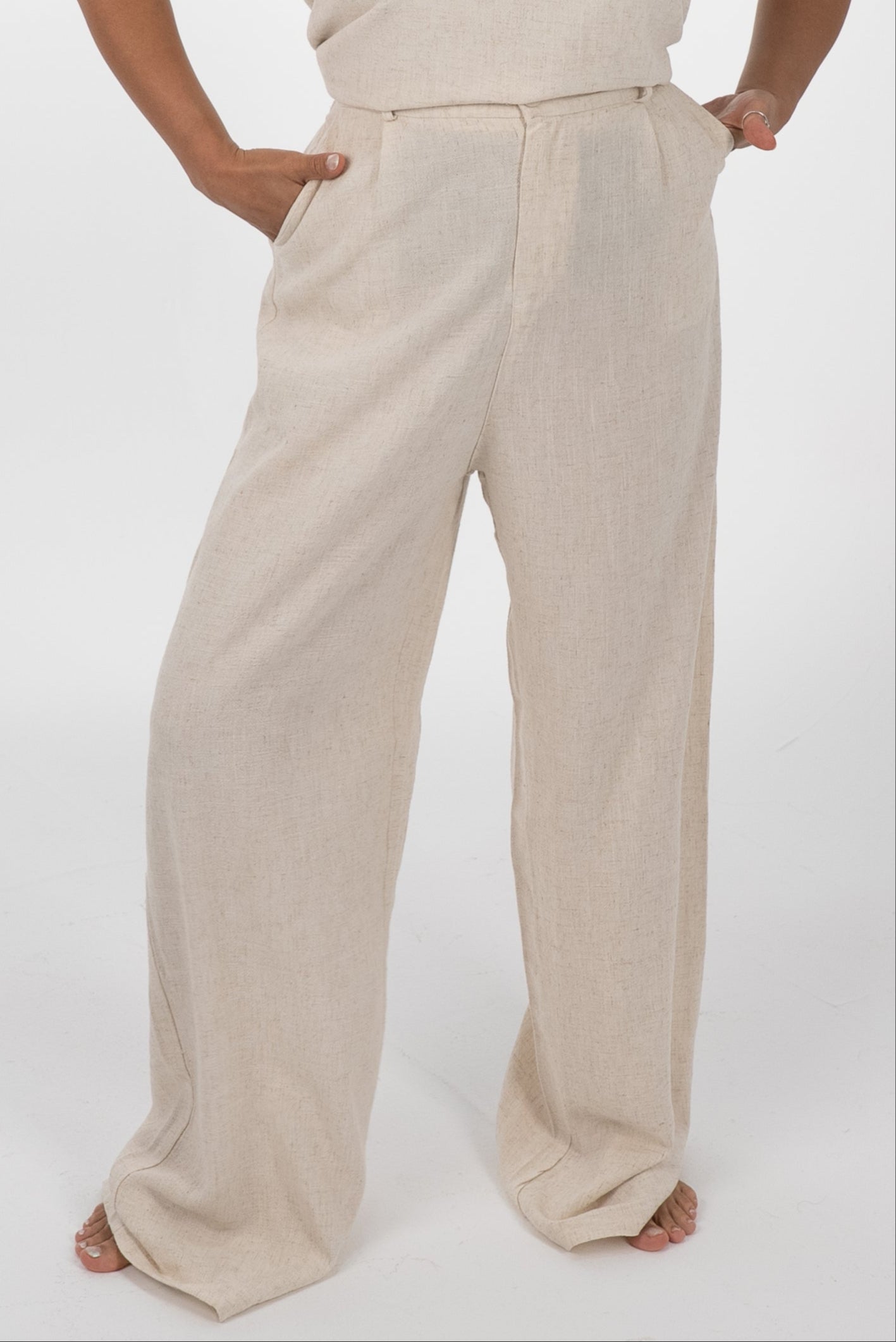 Blended Linen Wide-Leg Trouser in Beige