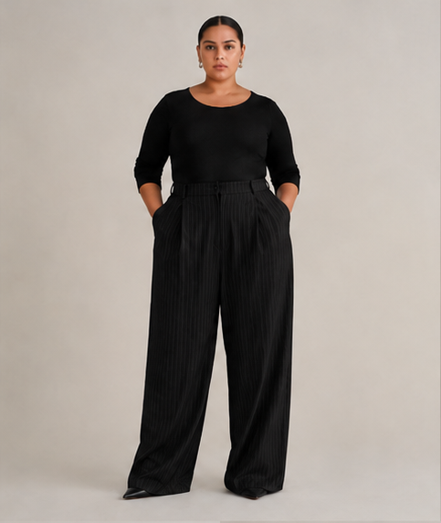 Tailored Pinstripe Wide-Leg Pants in Black