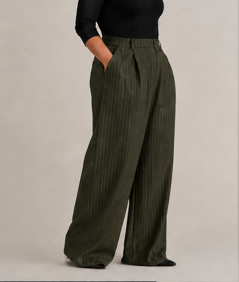 Tailored Pinstripe Wide-Leg Pants in Olive