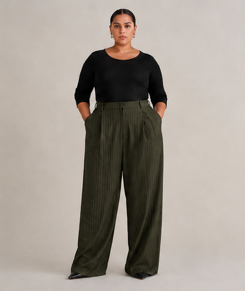 Tailored Pinstripe Wide-Leg Pants in Olive